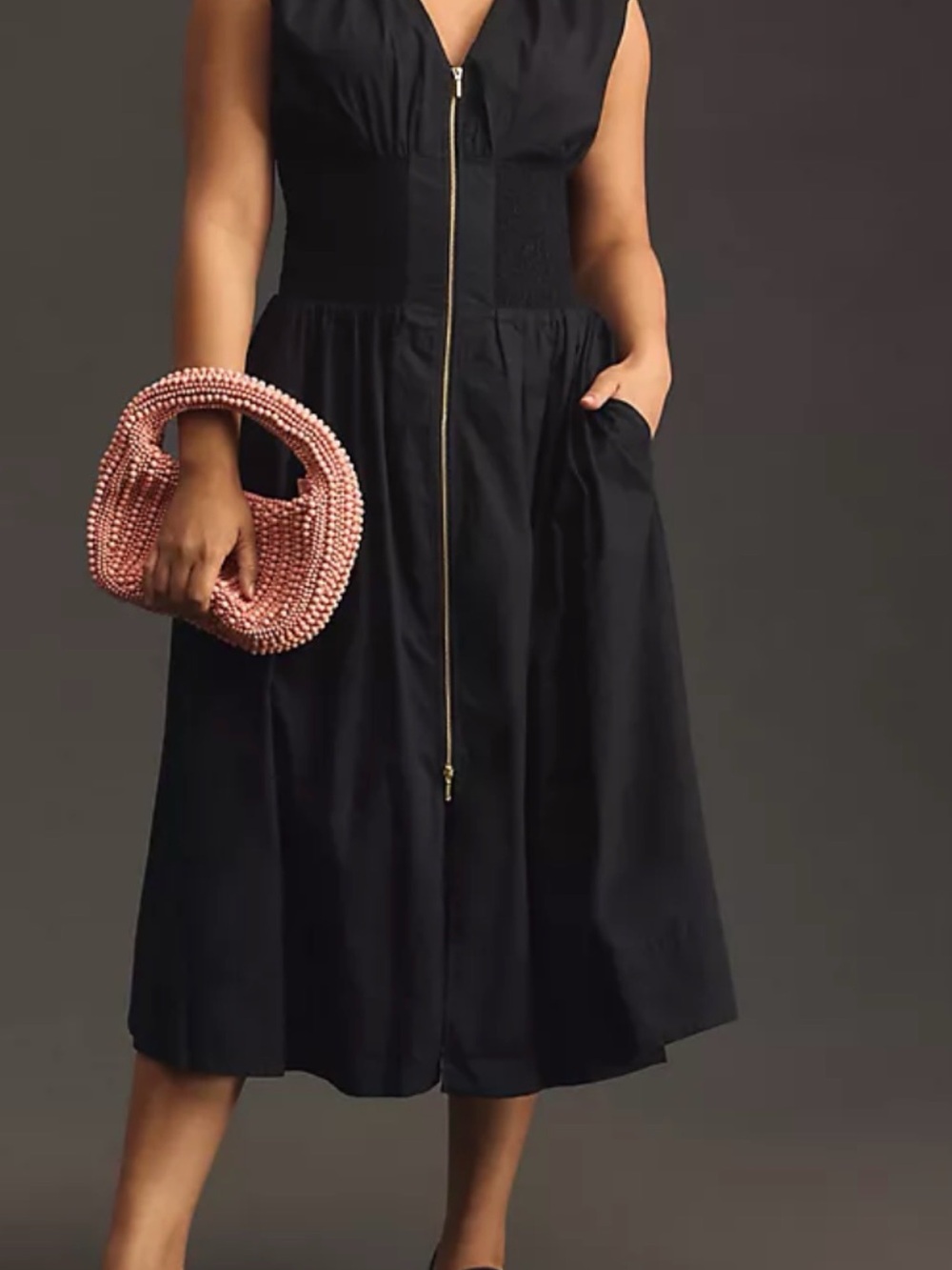 Anthropologie Black Zip-Front Midi Dress